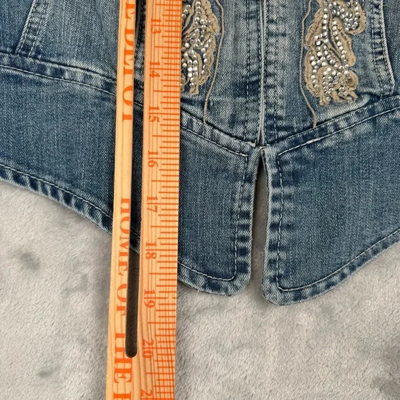 Vintage 90s Y2k Denim Jacket Womens Sz 12 Lace Fairy Whimsygoth Embroidered - Picture 8 of 13